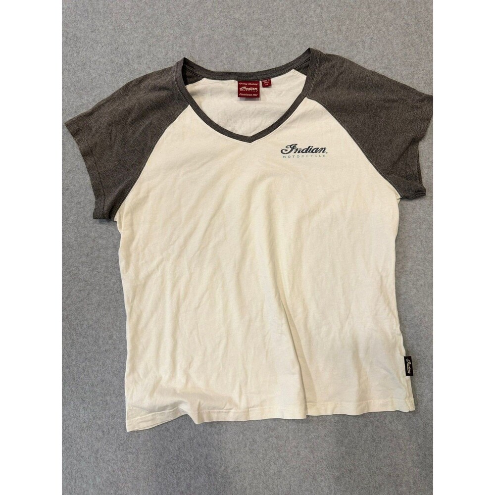 Indian Motorcycle Shirt Womens XL Raglan VNeck Short Sleeve Graphic White Gray